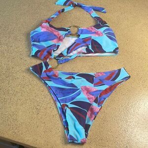Tropical print sexy cheeky one piece monokini swimsuit sz L